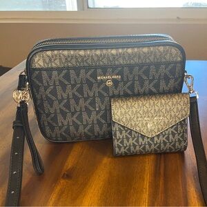 Michael Kors Monogram Crossbody Purse & Matching Wallet Set Black & Bronze Gold